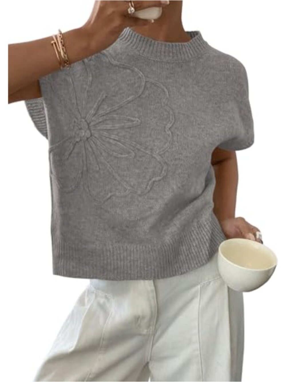 Women's Ribbed Knit Sweater Vest with 3D Flower Detail, Cap Sleeve